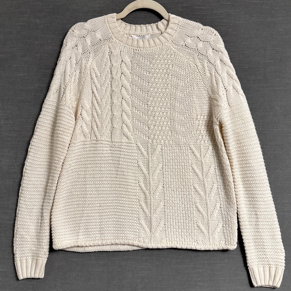 Time Tru Sweater S Cream Cable Knit Mixed Stitch Crewneck Pullover Fisherman